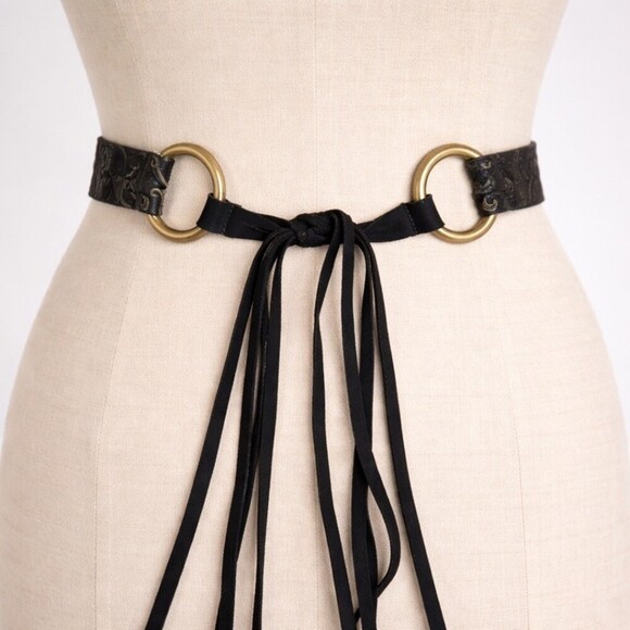 WCM New York Black Calf Hair Leather Paisley O-Ring Tie Waist Belt Size Small